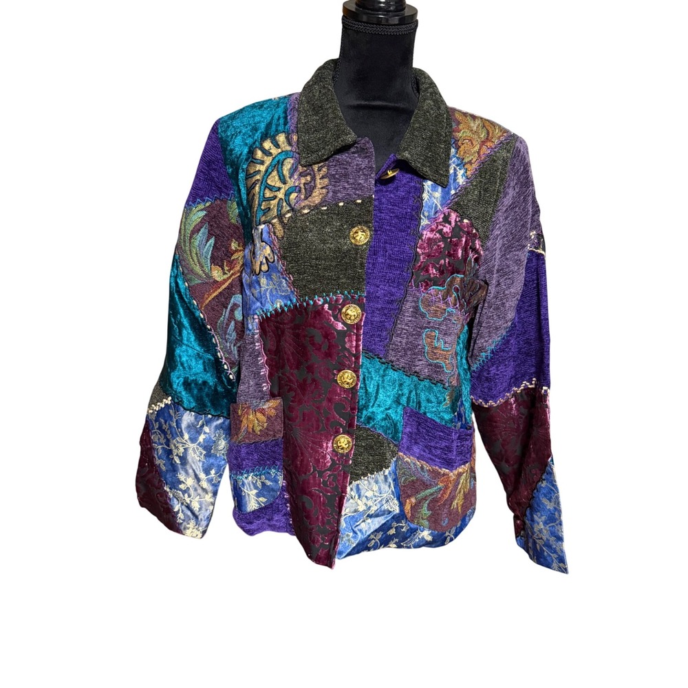 Indigo Moon Patchwork Velvet Brocade Jacket Purple Teal Gold Vintage Style Large